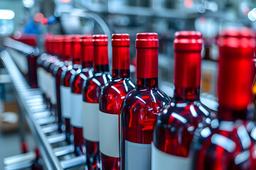 Fototapeta premium Bottles of red wine moving on a conveyor belt in a factory.