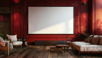 Blank canvas mockup in a cozy living room with red walls and wooden floor. Perfect for showcasing artwork, designs, or branding.