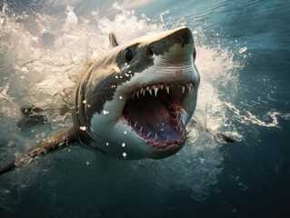Fototapeta premium Predatory Power: Shark Hunting Seal - Dynamic Underwater Wildlife Photography with Realistic Depiction of Marine Predators in Action