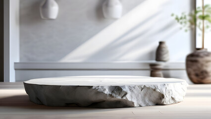 White rock in room with plants and sunlights showcase