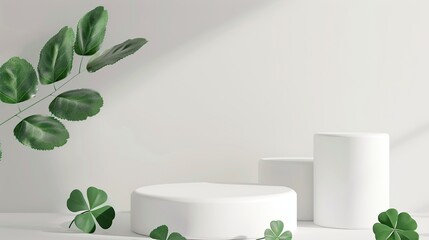 Clean white room with set of round podium or stand for product display. podium scene for product