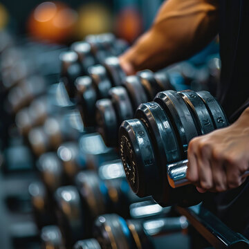 close up of a fit man picking up a pair of dumbbells to exercise in the gym