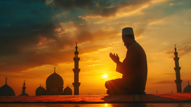 silhouette of a muslim man in prayer position doing duaa, paradise opens in the sky, sunrise (fajr), islamic mosque style