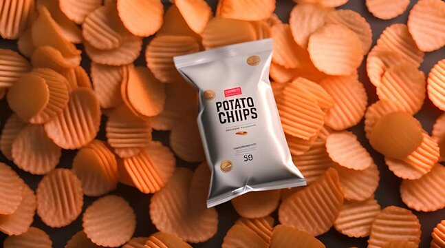 
Potatoes chips package template. Potato crisps packing in realistic style vector illustration, hot potatos chip snacking packaging bag, snacks packet
