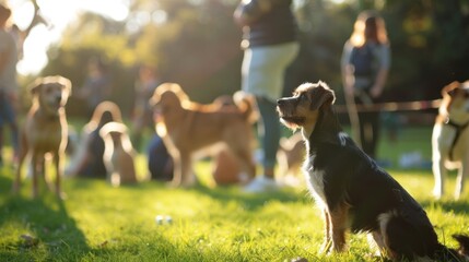 Unfocused image of a bustling dog training class in a serene park highlighting the dedication and teamwork of both humans and canines.