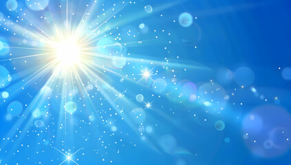 Abstract blue sky background with bright sun rays and sparkling bokeh. Perfect for summer, nature, and happiness themes.