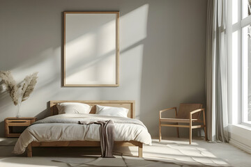 Minimalist bedroom with a large window, wooden furniture, a bed with white linens, and a blank poster frame on the wall.