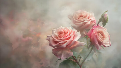 Obraz premium Soft pink roses bloom in a dreamy, ethereal atmosphere. Delicate petals and a blurred