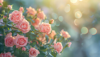 Fototapeta premium A cluster of delicate pink roses bloom in the soft glow of the morning sun.