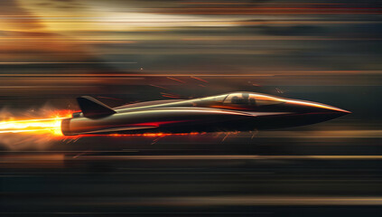 Obraz premium A futuristic jet plane flies at high speed with a fiery trail. The background is a blurred motion of clouds and sky, suggesting immense speed.
