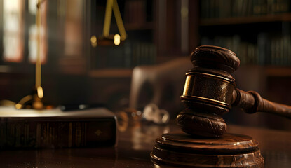 A wooden gavel rests on a block, with a scale of justice and law books in the background.  The image evokes themes of law, justice, and authority.
