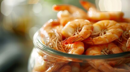 A large glass jar filled with freshly caught shrimp waiting to be incorporated into a mouthwatering dish.