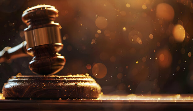 A wooden gavel rests on a block, ready to strike. The background is blurred and bokeh, suggesting a courtroom setting.