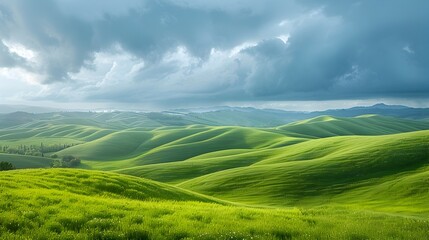 Fototapeta premium Dramatic Landscape of Rolling Green Hills Under Moody Skies