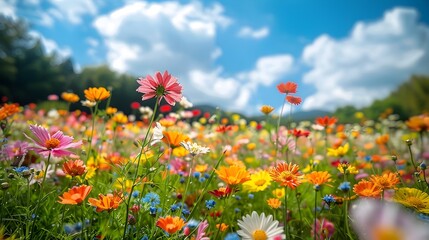 Obraz premium Vibrant Flower Meadow in Springtime Landscape with Lush Nature Scenery