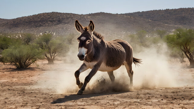 donkey kicking up dust.