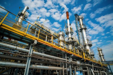 Industrial oil refinery with pipes and blue sky background for business and environmental concepts