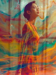 Woman in colorful dress against a psychedelic backdrop.
