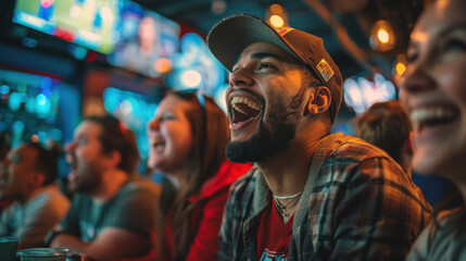 Fototapeta premium Group of friends laughing and enjoying watching sports on TV at a lively bar, showing excitement and camaraderie.