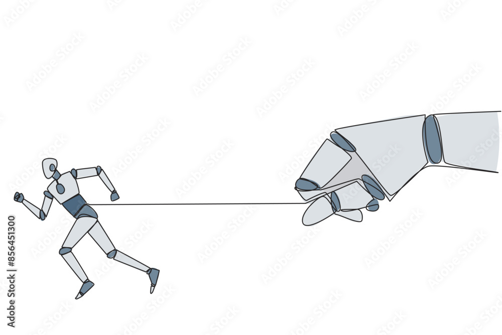 Poster single continuous line drawing robot runs but its stomach is tied. artificial intelligence makes the