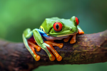 Fototapeta premium Green Frog with Red Eyes in Natural Habitat