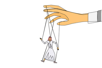 Obraz premium Single one line drawing Arab businessman walks by being moved by ropes controlled by a giant hand above. Like a puppet. Cannot have big impact on business. Continuous line design graphic illustration