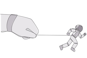 Continuous one line drawing astronaut run but stomach is tied. Small mistakes made when space expeditions. Can't escape. Must be responsible for everything. Single line draw design vector illustration