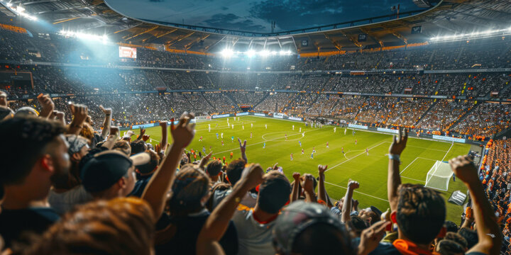 An excited crowd of soccer fans watching a live match in a large, illuminated stadium.