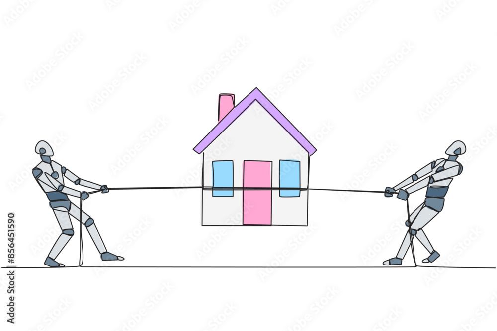 Poster continuous one line drawing two smart robots fight over a miniature house. beat each other to get sm
