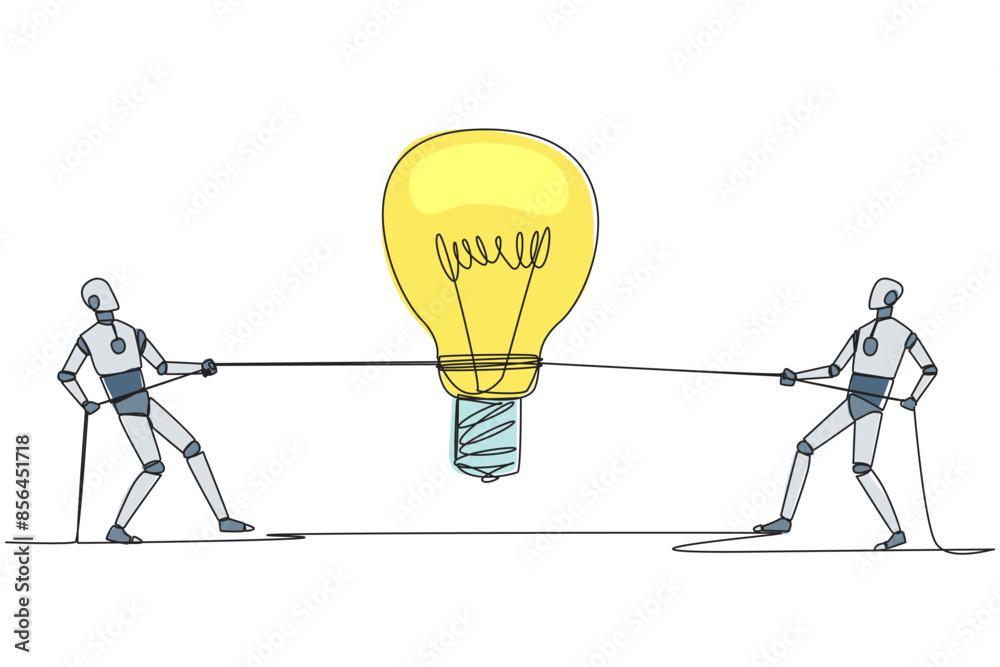 Poster continuous one line drawing two robots fighting over lightbulb. fierce competition to find best solu