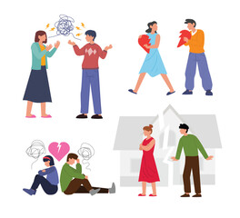 Set of broken family illustration concept collection, Marriage difficulties problem, divorce or violence or painful in broken relationship couple concept, angry couple husband and wife, broken heart.