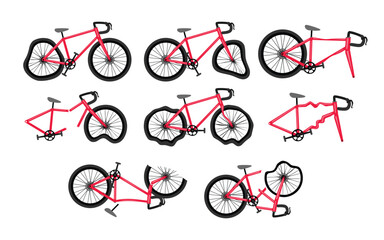 Set of broken bike or broken bicycle, collection, Dangerous, falling racing bike or mountain biker. Cycling, Cyclist fall, person falling down off a bicycle, Broken or punctured for tire concept.s
