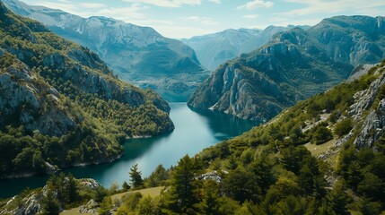 A picturesque lake nestled among towering mountains and lush trees seen from above showcasing a stunning natural landscape with water resources and fluvial landforms : Generative AI