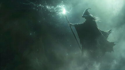 A sorcerer with a staff emitting dark energy