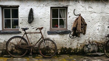 Old spinning wheel woolen clothing and a rustic bike propped against the wall of an Irish cottage The Ring of Kerry Ireland : Generative AI © The Little Hut