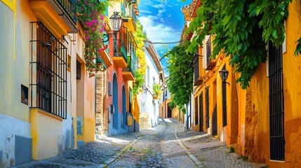 Fototapeta premium Small view of a street in the town of Santa Fe Granada Spain : Generative AI