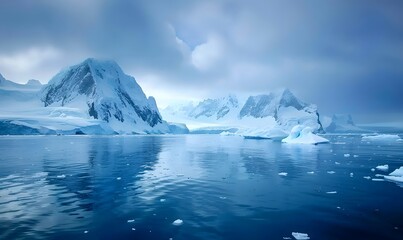 Blue Ice covered mountains with cold water,  Generative AI,