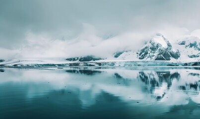 Blue Ice covered mountains with cold water,  Generative AI,