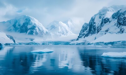 Fototapeta premium Blue Ice covered mountains with cold water, Generative AI,