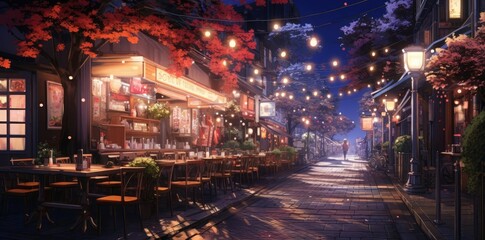 anime background of a city street at night featuring a variety of seating options including wood and brown chairs, a wood table, and an empty chair, with a red tree in the foreground and