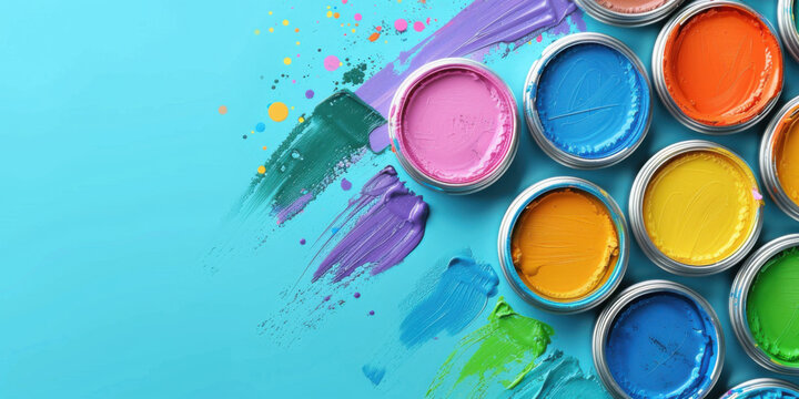 Vibrant array of colorful paint cans with vivid brush strokes on a bright blue background, showcasing creativity and art.