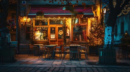 Obraz premium Closed street cafe in the evening : Generative AI