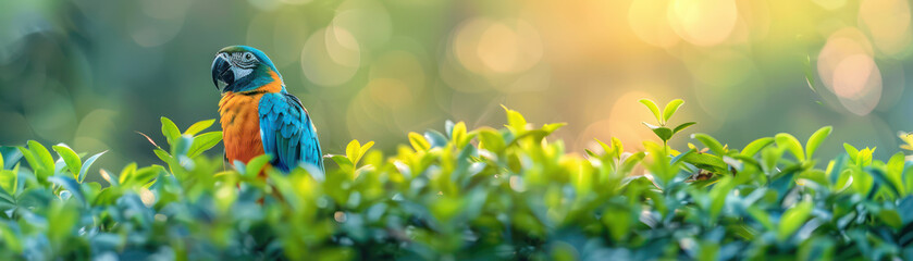 Obraz premium Vibrant Macaw Parrot in Lush Greenery with Soft Bokeh Background, Captured in Golden Hour Light, Showcasing Vibrant Feathers, Majestic Stance, and Serene Natural Setting, Ideal for Nature Lovers