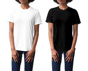 Two version of a african american woman wearing a black and white mockup t-shirt on an isolated cutout background png for a POD mock up