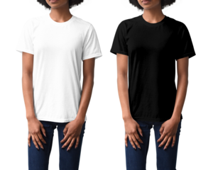 Two version of a african american woman wearing a black and white mockup t-shirt on an isolated cutout background png for a POD mock up