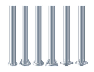 Set of realistic metal pole pillars. Steel pipes bolted on different base. Glossy Steel vertical cylinder footings for road sign, banner, billboard, steel construction column, vector illustration.
