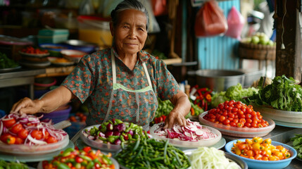 Obraz premium An elderly woman selling a variety of fresh vegetables at a vibrant outdoor market, smiling warmly at the camera.