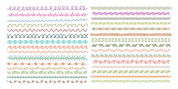 Set of doodle hand drawn dividers banner collection, Hand drawn borders and dividing lines set. Sketch doodle style. Simple text divider elements. Colored vector illustration, isolated.