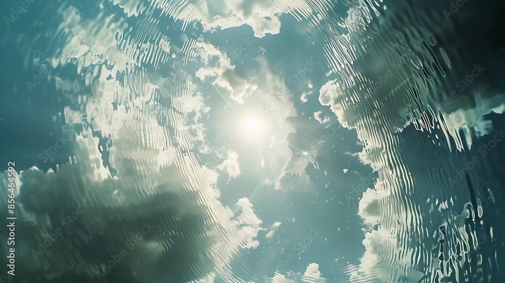 Aufkleber Underwater view looking up through the surface of the water at the sun and clouds with water ripples and texture : Generative AI