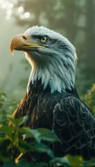 Obraz premium Majestic Bald Eagle in Serene Forest Capturing the Beauty and Strength of America s National Bird in a Misty Woodland Setting at Dawn